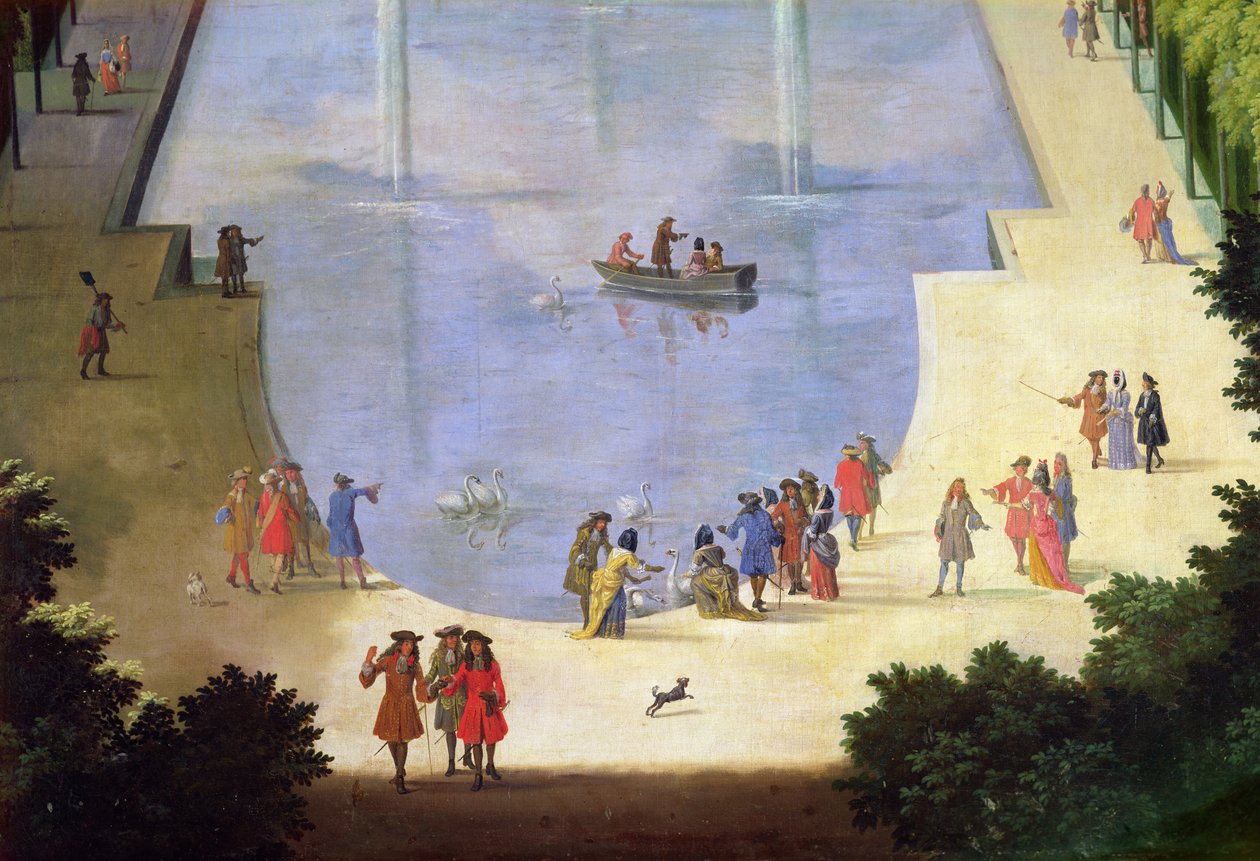 Le Bassin du Miroir deau et l&39;ile Royale تفاصيل الأشكال بالقرب من البركة ، ج .1688 زيت على قماش بواسطة إتيان أليجرين