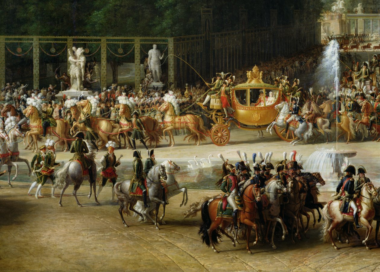 دخول نابليون (1769-1821) وماري لويز (1791-1847) إلى حدائق التويلري في يوم زفافهما ، 2 أبريل 1810 (التفاصيل) (انظر أيضًا 19847 und 335481) بواسطة إتيان بارتيليمي غارنييه
