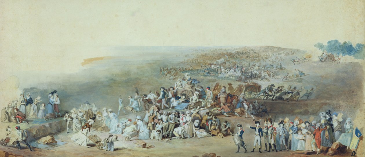 الباريسيون في Champ de Mars يستعدون لاتحاد Fete de la Federation ، 14 يوليو 1790 (قلم وحبر وغواش على ورق) بواسطة إتيان تشارلز ليجواي