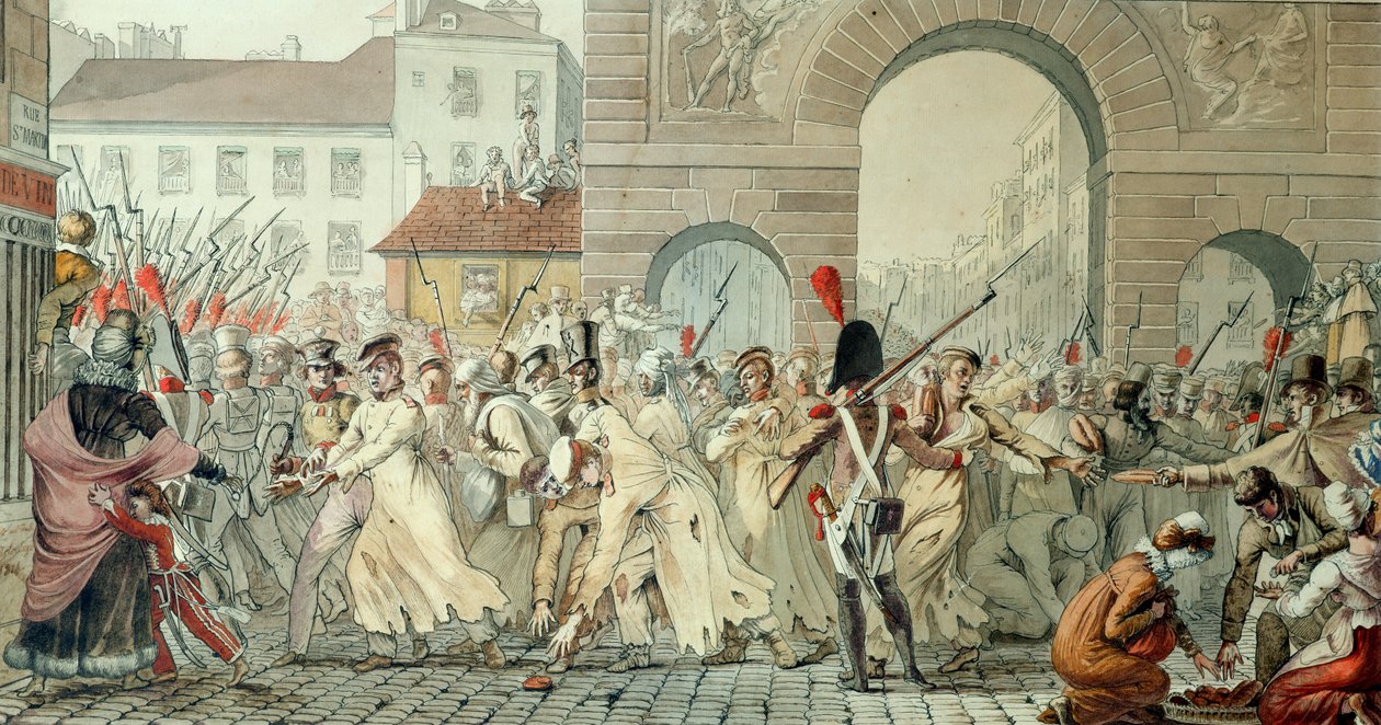 السجناء الروس في الجادة سان مارتن بعد معركة مونتمريل ، 17 فبراير 1814 (قلم و حبر ومرحاض على ورق) بواسطة إتيان جان ديكلوز