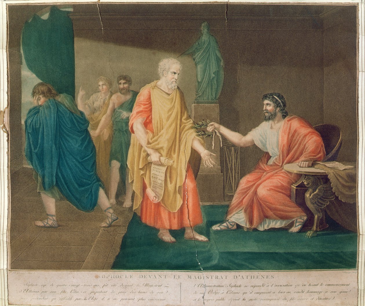 سوفوكليس (c.496-405 قبل الميلاد) في سن 83 يشرف عليه إكليل زيتون من قبل القاضي الأثيني (نقش الألوان) بواسطة إتيان بارتيليمي غارنييه