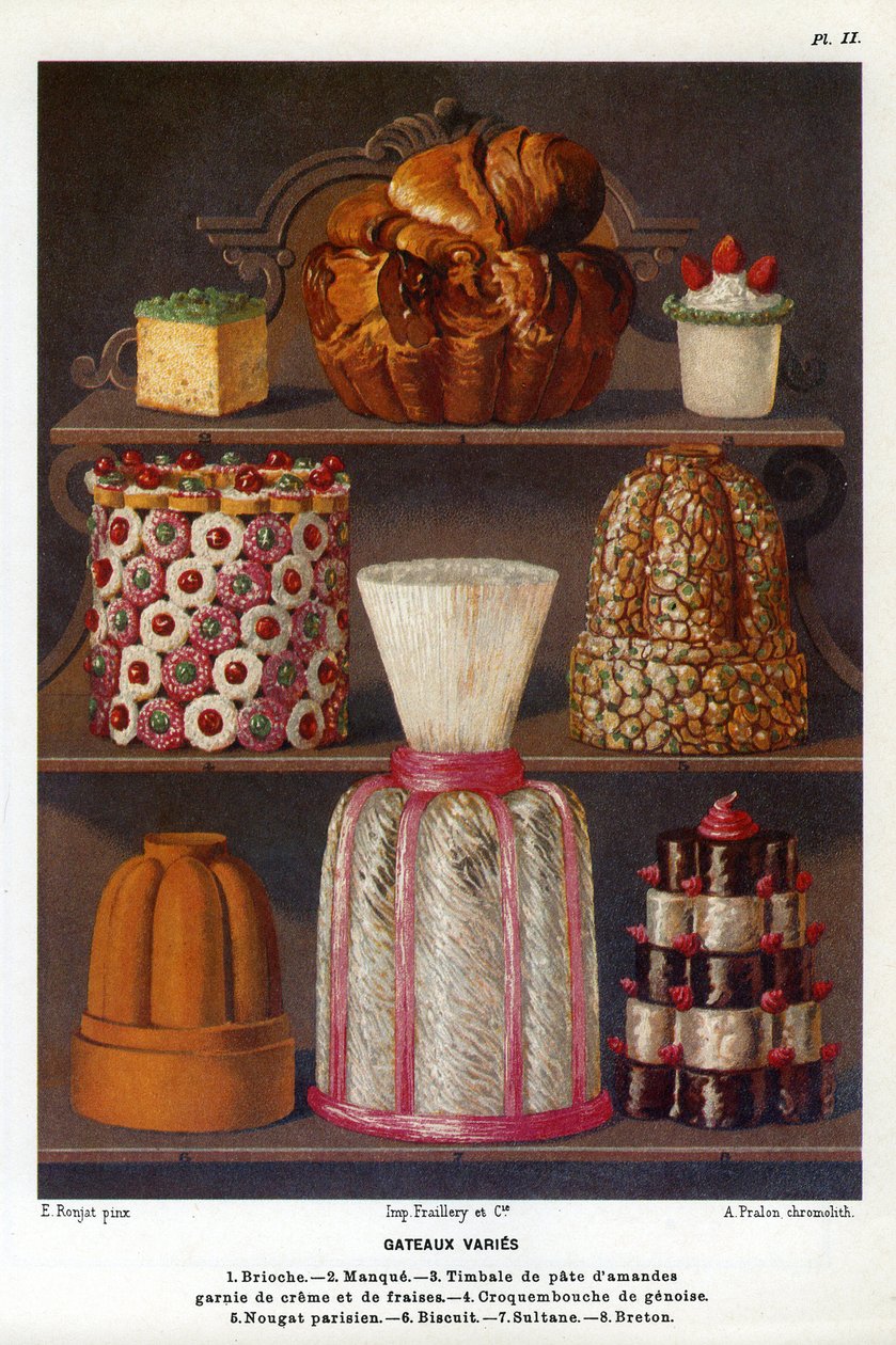 Cakes vary: brioche, lack, timpani of almond paste topped with cream and strawberries, croquenbouche de genoise, Parisian nougat, biscuit, sultane, Breton - Plate No. 2 from the Patisserie Book by Jules Gouffe, officer de bouche du Jockey-Club de Paris (ch بواسطة إتيان (بعد) رونجات