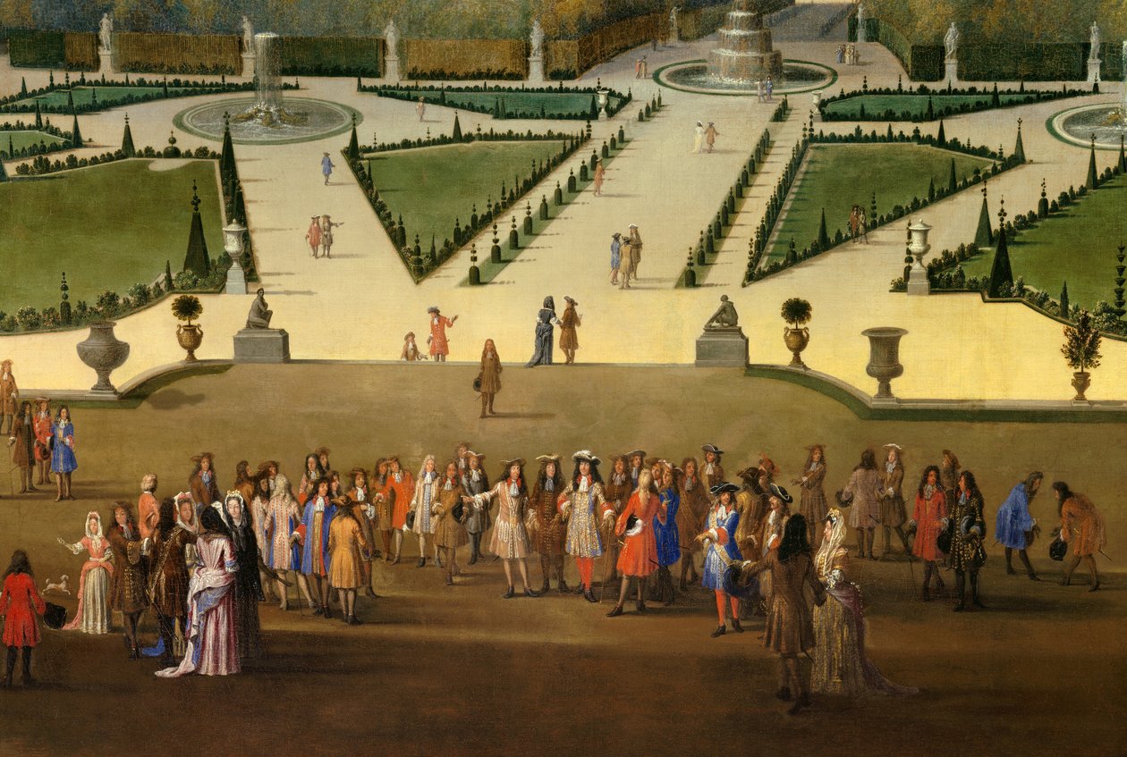 Promenade de Louis XIV (1638-1715) في إطلالة على الرواق الشمالي في حدائق فرساي. التفاصيل. اللوحة التي رسمها إتيان أليجرين (1644-1736) 1688 حوالي الشمس. 2،3x2،9 م بواسطة إتيان أليجرين