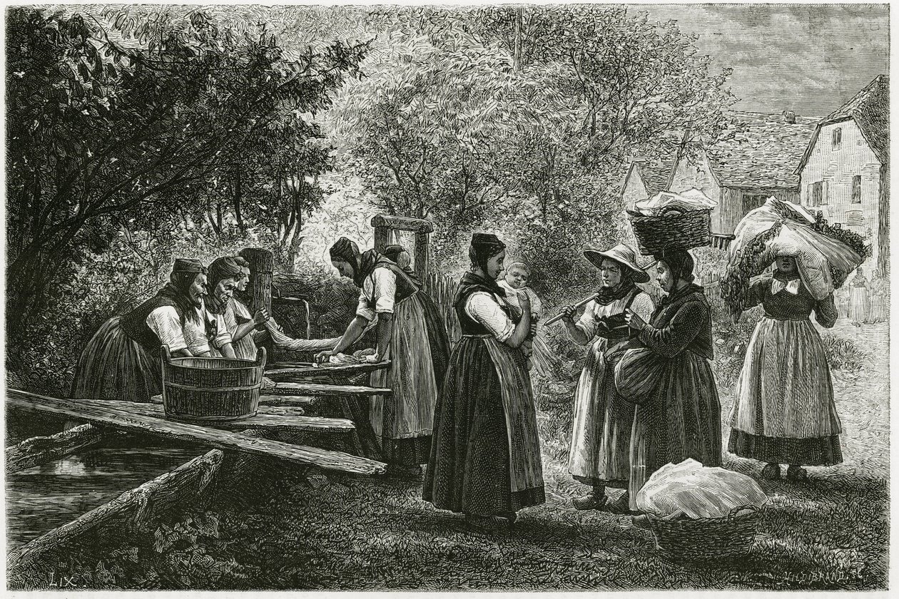 مغسلة في ميتسيرال ، نساء يرتدين أزياء الوادي التقليدية يتجمعن عند نافورة القرية. نقش لإي رونجات ، لتوضيح قصة "أترافيرس لالساس ولورين" ، في عام 1884 ، بواسطة تشارلز جراد (1842-1890) ، سياسي وكاتب ألماني. بوبليش بواسطة إتيان أنطوان يوجين رونات