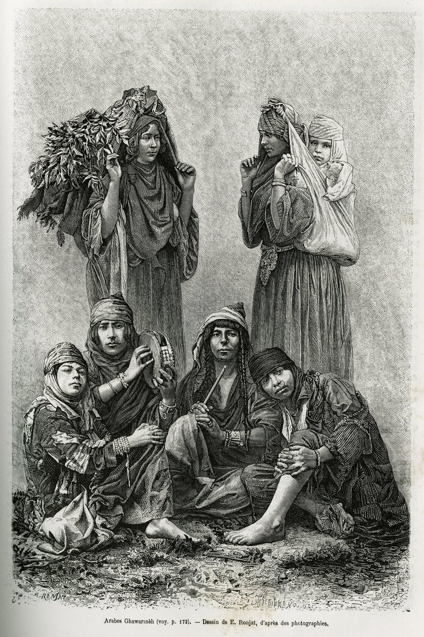 عرب الغوارينة ، بدو من حوض البحر الميت. نقش لإي رونجت ، لتوضيح قصة سوريا اليوم ، من قبل السيد لورتيت ، عميد كلية الطب في ليون ، المكلف بمهمة علمية من قبل وزارة التعليم العام ، نشرت في T بواسطة إتيان أنطوان يوجين رونات