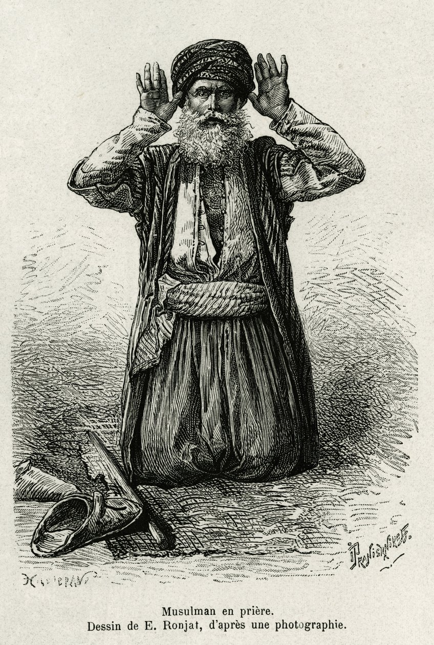 دعاء المسلم. نقش لإي رونجت ، لتوضيح La Syria d'aujourd'hui ، بواسطة M.Lortet ، عميد كلية الطب في ليون ، المكلف بمهمة علمية من قبل وزارة التعليم العام ، نُشرت في Tour du monde ، تحت اتجاه بواسطة إتيان أنطوان يوجين رونات