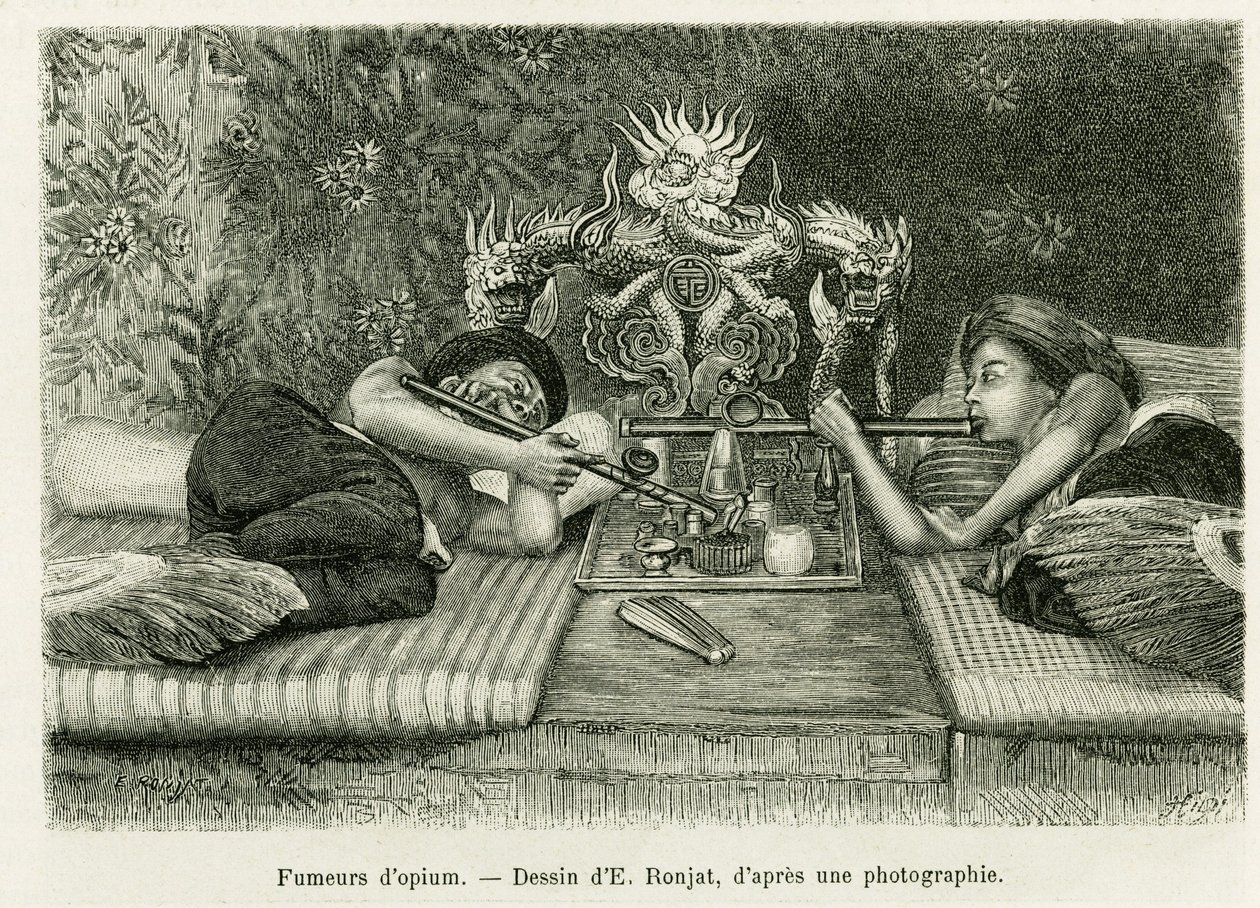 مدخنو الأفيون. نقش لإي رونجات ، بعد صورة فوتوغرافية ، لتوضيح قصة Trente mois au Tonkin في عام 1884 ، بواسطة دكتور هوكوارد ، في le Tour du monde 1889 ، من إخراج إدوارد شارتون (1807-1890) ، Hachette ، باريس. بواسطة إتيان أنطوان يوجين رونات