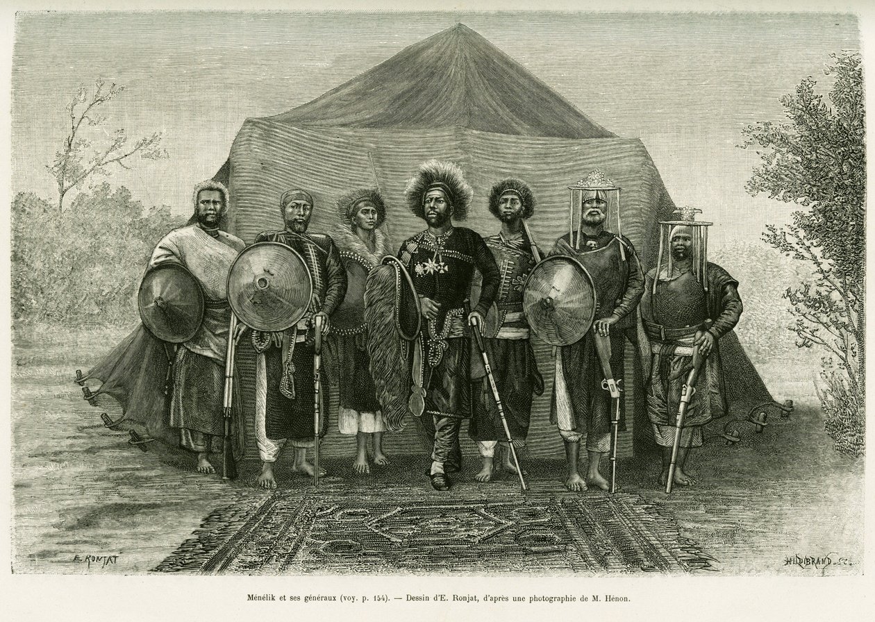 صورة للأمير منليك الثاني ملك إثيوبيا (1844-1913) ، محاطًا بجنرالاته. نقش رونجات ، بعد التقاط صورة فوتوغرافية ، لتوضيح قصة فوياج أو تشوا (Abyssinie meridionale) بواسطة إتيان أنطوان يوجين رونات