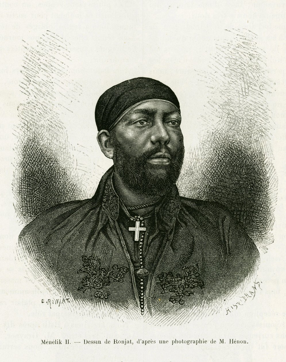 صورة لأمير إثيوبيا منليك الثاني (1844-1913). نقش رونجات ، بعد التقاط صورة فوتوغرافية ، لتوضيح قصة فوياج أو تشوا (Abyssinie meridionale) بواسطة إتيان أنطوان يوجين رونات