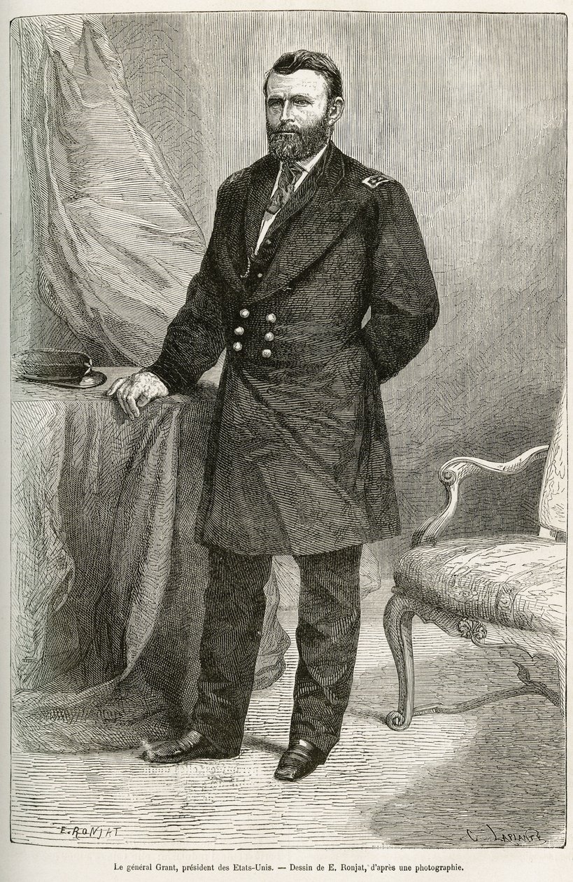 صورة أوليسيس غرانت (1822-1885) ، الجنرال الأمريكي ، قائد قوات الاتحاد أثناء حرب الانفصال والرئيس الثامن عشر للولايات المتحدة (الولايات المتحدة) لفترتين من 1869 إلى 1877. نقش بعد رسم إي رونجات ، إلى توضيح ستو بواسطة إتيان أنطوان يوجين رونات