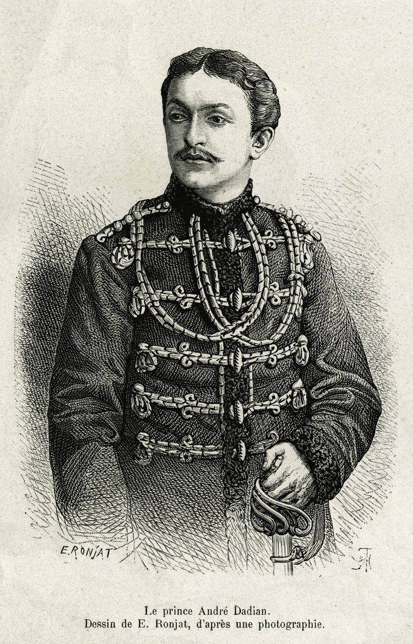 الأمير أندريه داديان من Mingrelie (1850-1910) ، جنرال الجيش الروسي وبطل الشطرنج. نقش من قبل إي رونجات ، لتوضيح قصة Un tour en Mingrelie (منطقة جورجيا ، الممتدة بين القوقاز وريون) ، بواسطة كارلا سيرينا ، في 1876-187 بواسطة إتيان أنطوان يوجين رونات