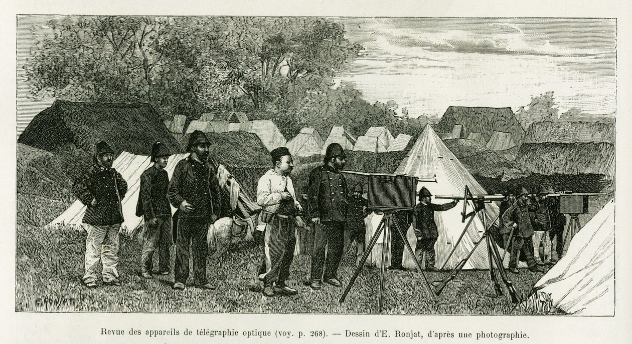 مراجعة جهاز التلغراف البصري. نقش لإي رونجات ، لتوضيح قصة Trente mois au Tonkin ، في عام 1884 ، بواسطة الطبيب بول هوكوارد ، في le Tour du monde 1890 ، تحت إشراف Edouard Charton (1807-1890) ، Hachette ، باريس. بواسطة إتيان أنطوان يوجين رونات