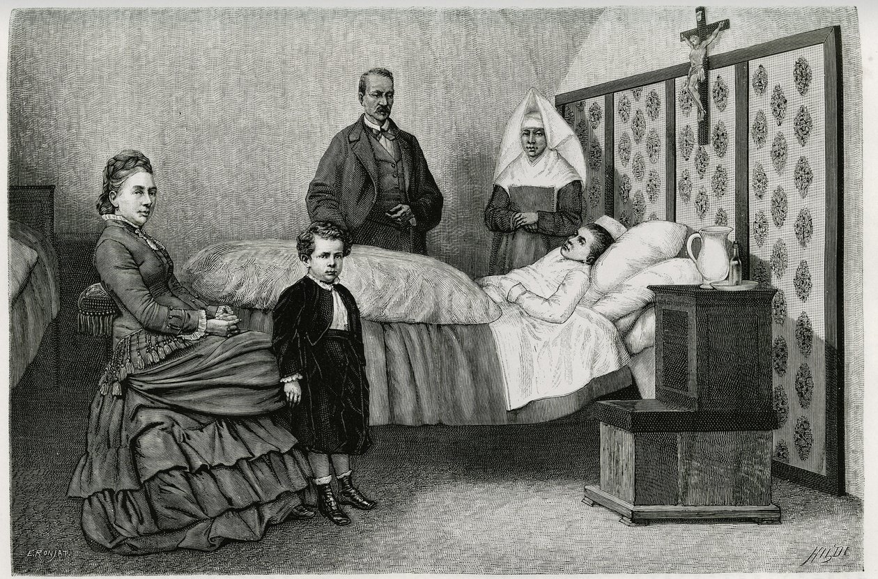 استشارة الطبيب في نزل Logelbach. نقش لإي رونجات ، لتوضيح قصة "عبر الألزاس واللورين" ، في عام 1884 ، بواسطة تشارلز جراد (1842-1890) ، كاتب وكاتب وعالم طبيعة ألماني. نُشر في Le Tour du monde، nouveau journal d بواسطة إتيان أنطوان يوجين رونات