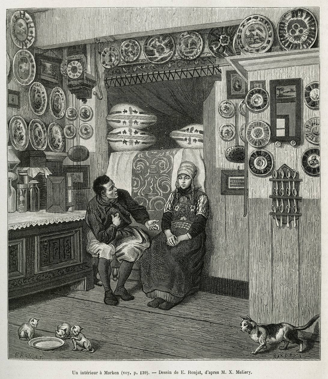 Un interieur à Marken (Pays Bas) ، نقش بعد رسم لإي رونجات ، لتوضيح قصة نيرلاند ، بقلم تشارلز دي كوستر ، في عام 1878 ، نُشر في جولة العالم ، تحت إشراف إدوارد شارتون بواسطة إتيان أنطوان يوجين رونات