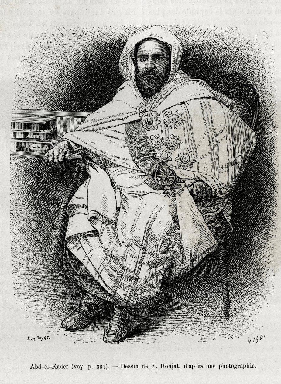 صورة لعبد القادر (1808-1883) أمير جزائري وسلطان ورجل دين صوفي وسياسي ومقاومة عسكرية للجيش الاستعماري الفرنسي ، وهو أيضًا كاتب وشاعر وفيلسوف. نقش إي رونجت لتوضيح قصة La Syria d