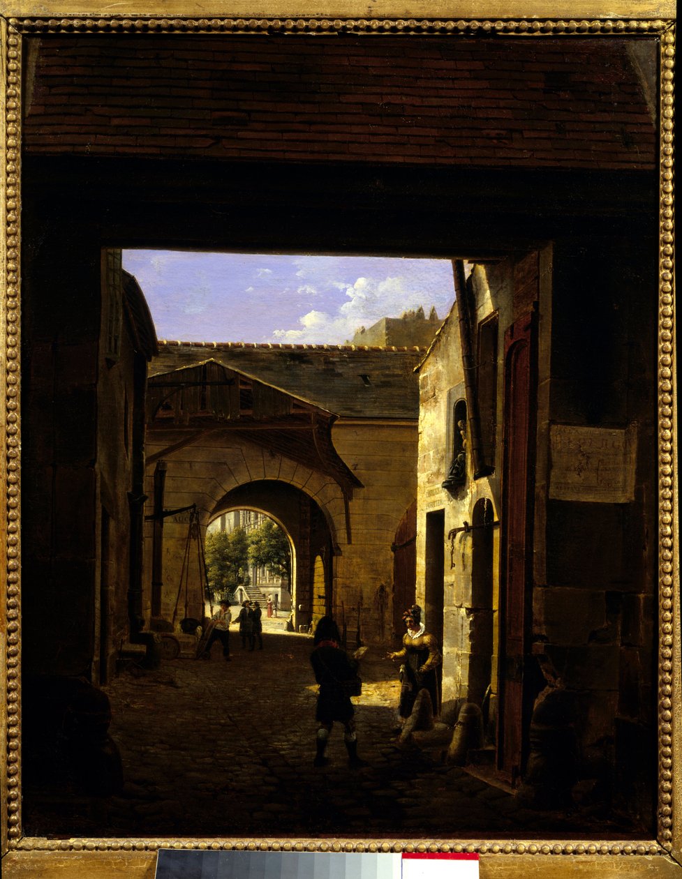 ساحة فناء منزل القيادة في شارع Saint Denis المعروف باسم ساحة Sainte Catherine Scene في الدائرة الأولى في باريس. رسم إيتيان بوهوت (1780-1862) 1832 صن. 0،27x0،22 م باريس ، متحف كارنافالي. بواسطة إتيان بوحوت