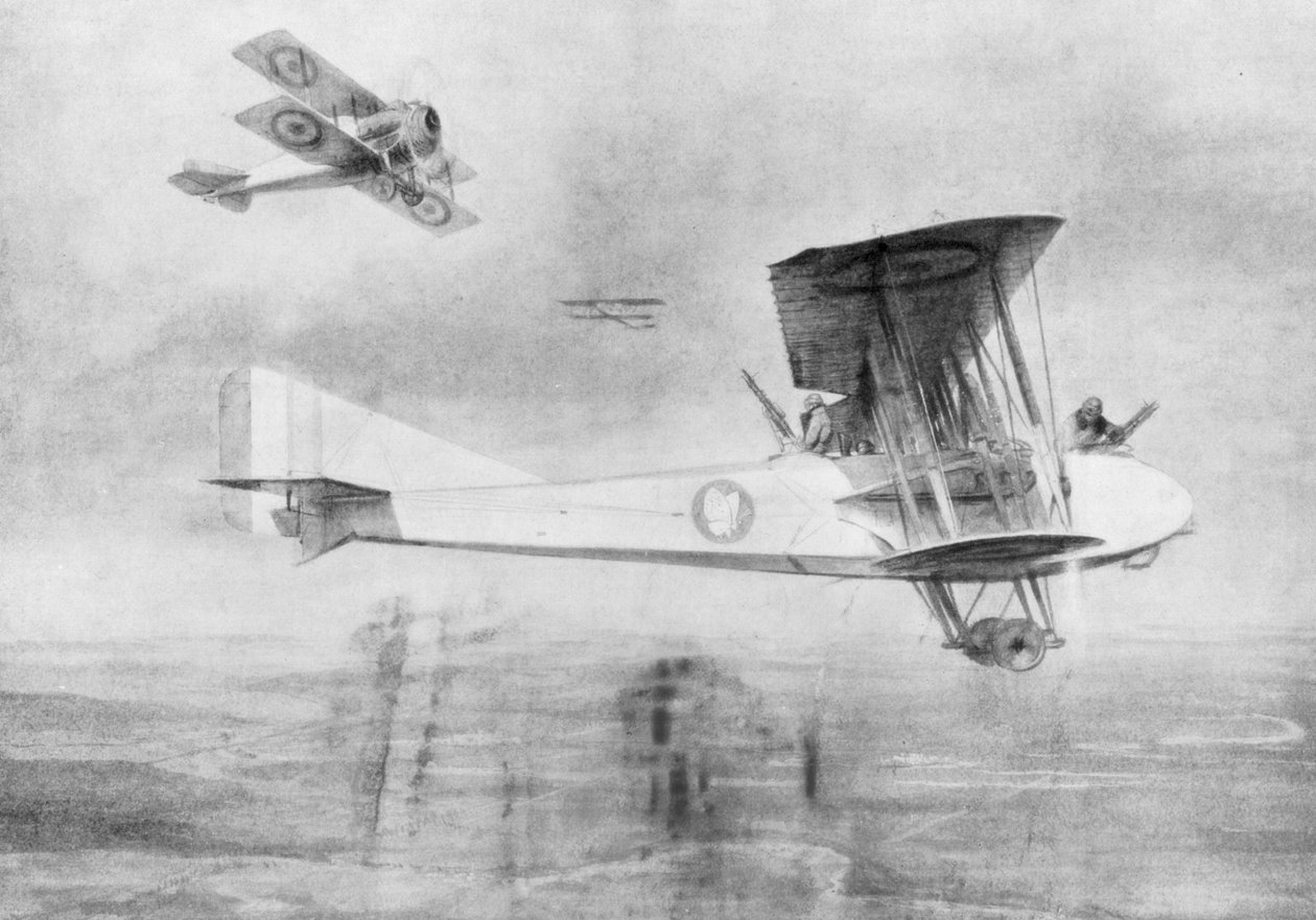 طائرة ذات ثلاث مقاعد في مهمة تصويرية ، محمية بطائرة مقاتلة من طراز Spad ، 1918 1926. بواسطة إتيان كورنولت