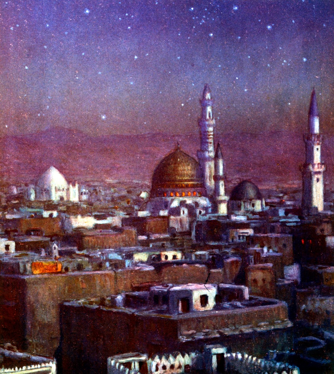 منظر للمدينة المنورة ، شبه الجزيرة العربية ، بضوء القمر ، يظهر قبة ضريح النبي ، 1918 بواسطة ألفونس إتيان دينيه