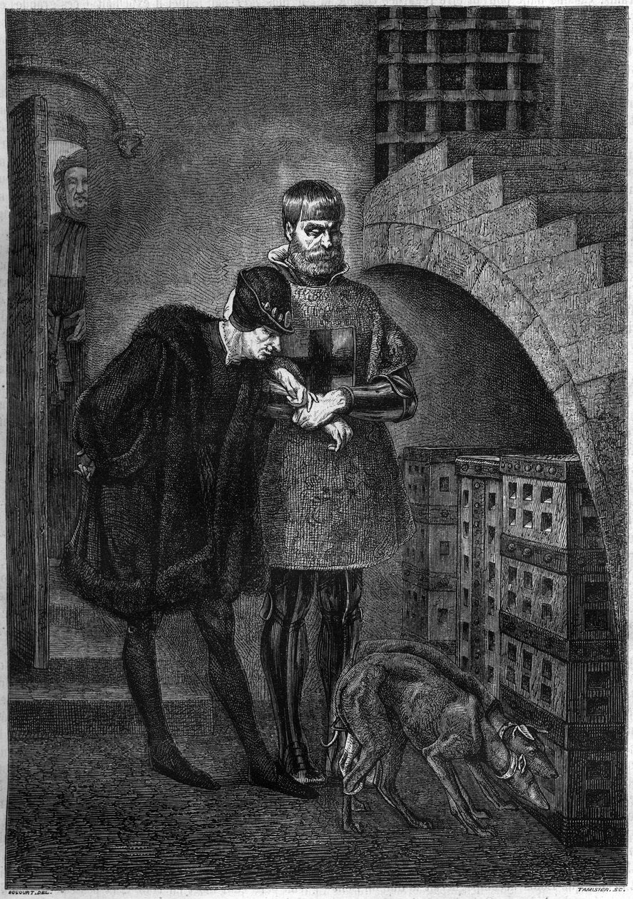 الملك لويس الحادي عشر ملك فرنسا (1423-1483) يزور السجين جان دي لا بالو (الكاردينال بالو) (1421-1491) ، ويوضع في قفص حديدي. نقش بوكور بعد لوحة جيروم بواسطة إتيان غابرييل بوكورت