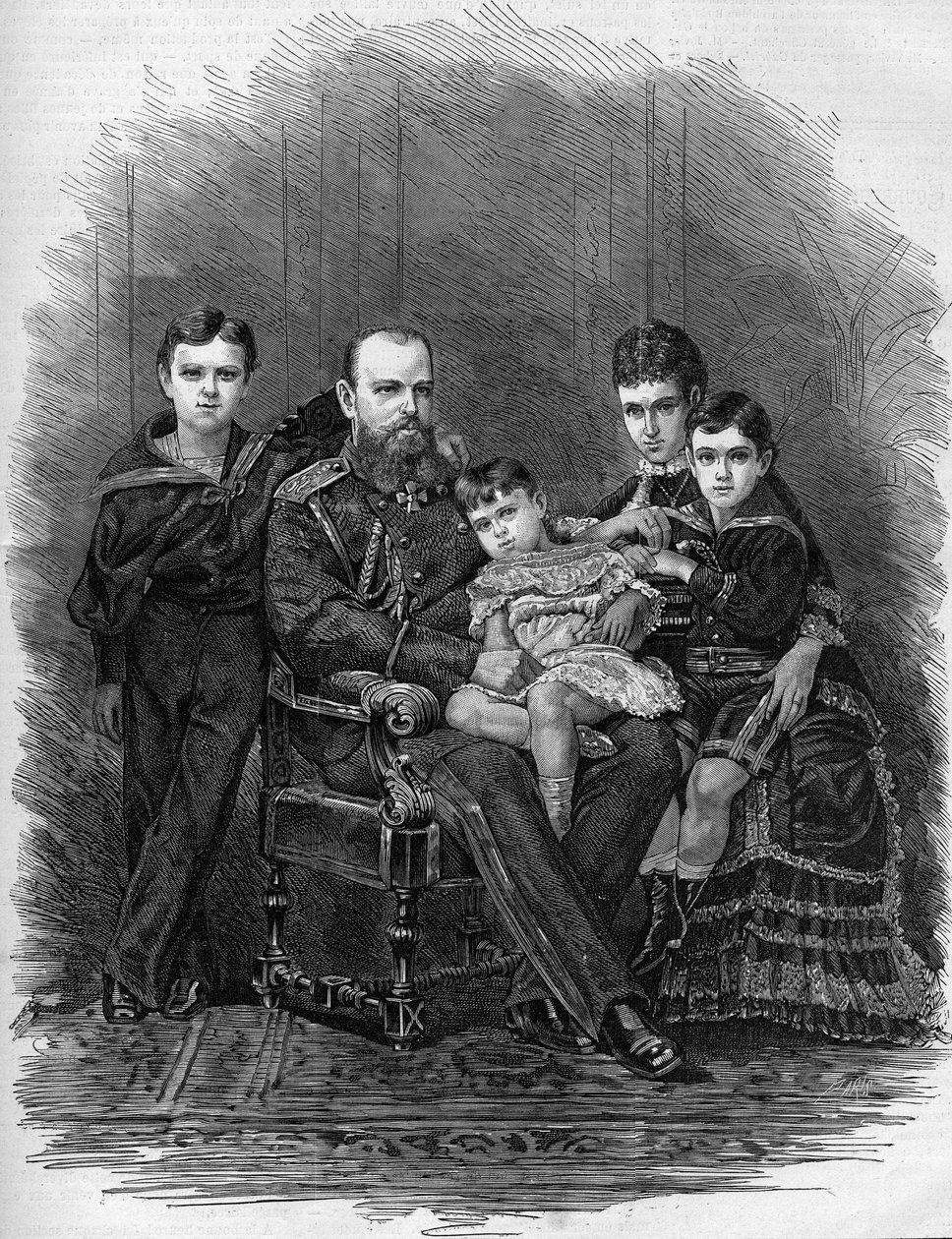 صورة للعائلة الإمبراطورية الروسية في عام 1881: القيصر ألكسندر الثالث (1845-1894) وماري فيودوروفنا (أو فيودوروفنا ، أو فيدوروفنا) (ماري صوفي داغمار بواسطة إتيان غابرييل بوكورت