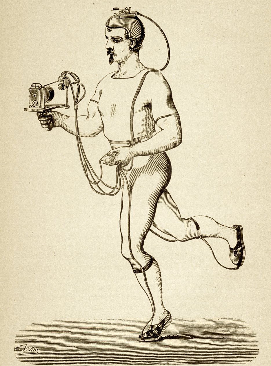 قدم العداء مع الجهاز المقصود لتسجيل خطواته المختلفة ، من Popular Science Monthly ، pub.1875 بواسطة إتيان جول ماري