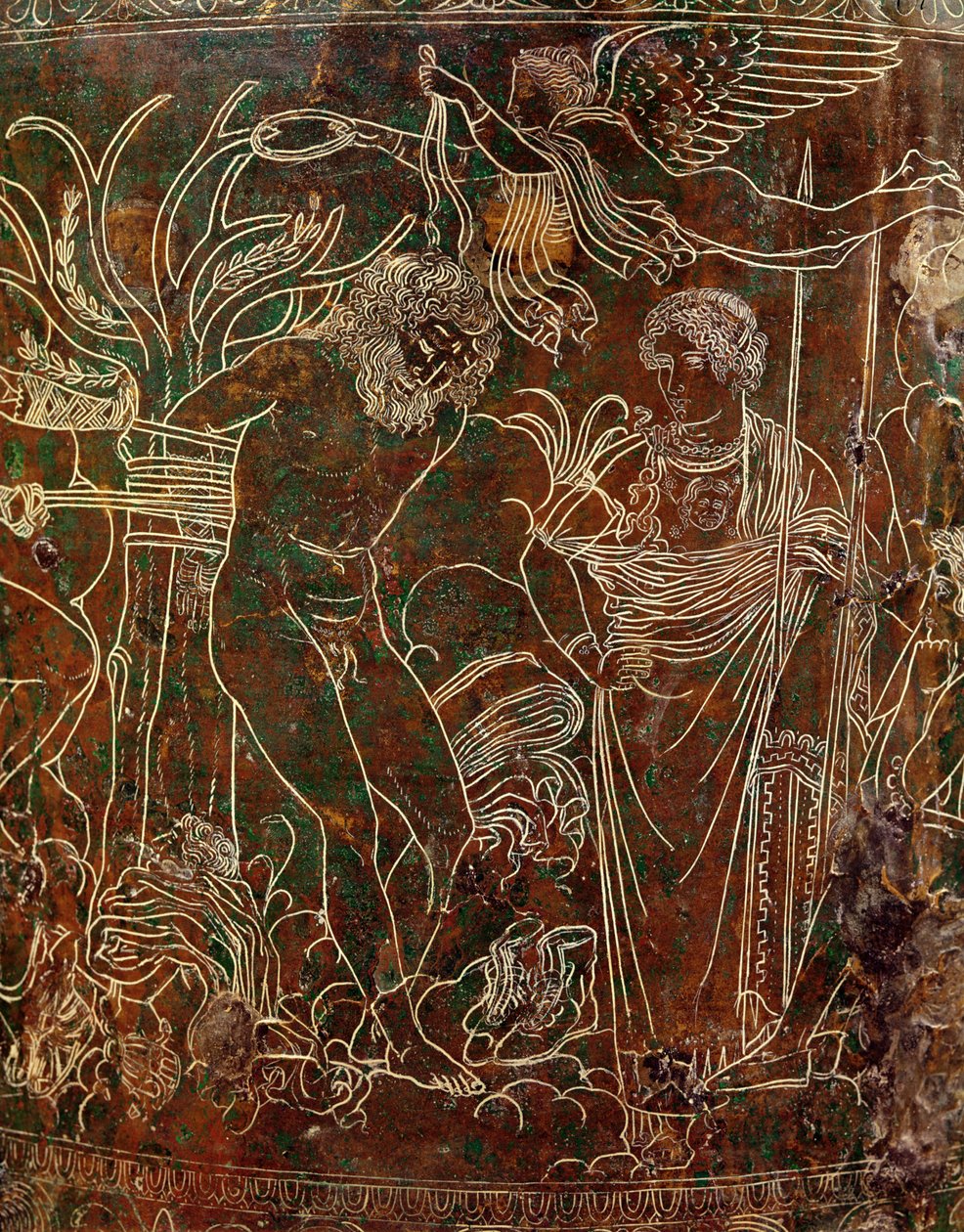 أميكوس مربوط بشجرة بواسطة بولوكس ، التفاصيل من Ficoroni Cista ، من Palestrina ، c.320 قبل الميلاد (برونزية) بواسطة إتروسكان