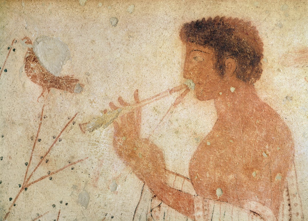 تفاصيل الموسيقار الذي يعزف على الفلوت المزدوج ، من قبر التريلينيوم ، c.470 قبل الميلاد (لوحة جدارية) بواسطة إتروسكان