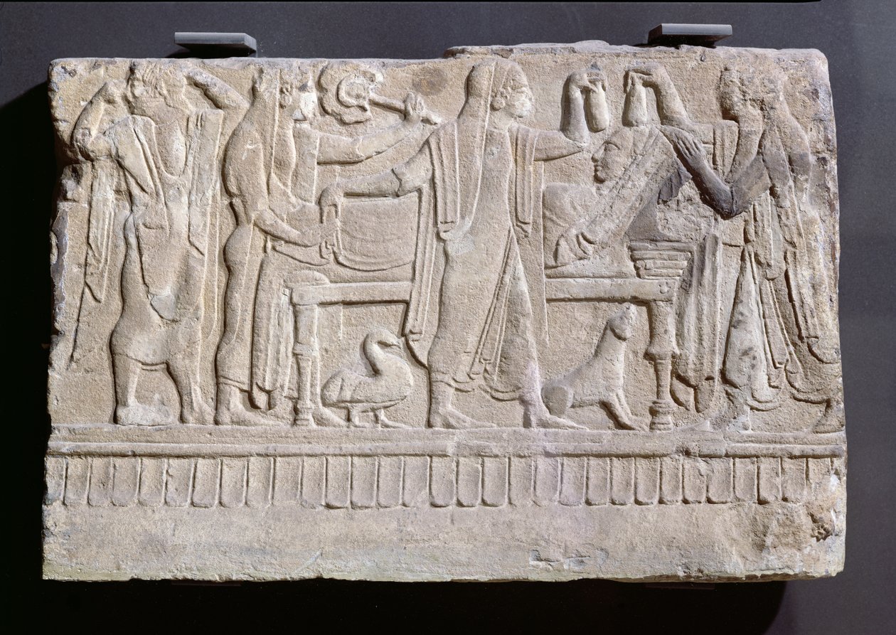 نصب جنائزي يصور المشيعين المحيطين بمد جثة قبل حرق الجثث ، c.490-480 قبل الميلاد (الحجر البركاني) بواسطة إتروسكان