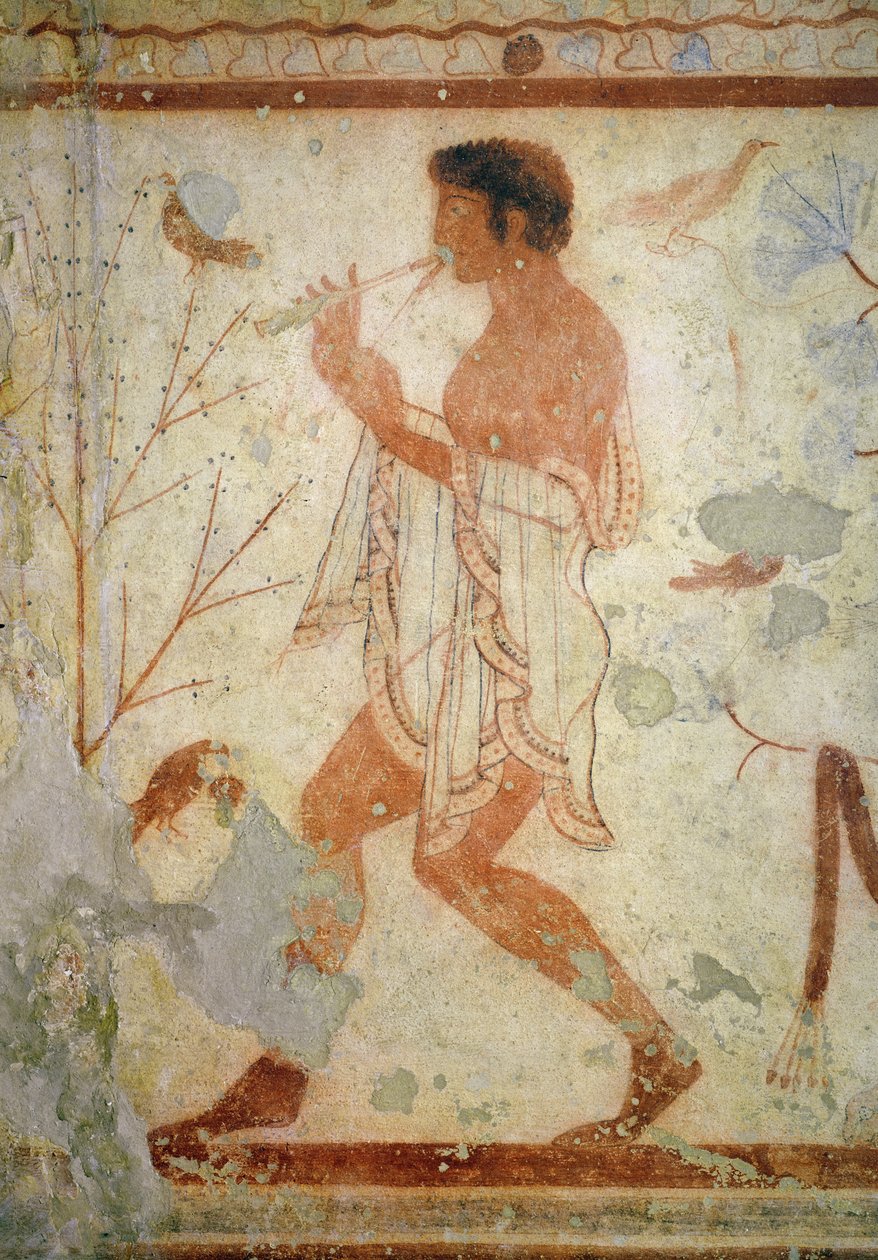 موسيقي يعزف على الناي المزدوج من قبر التريلينيوم c.470 قبل الميلاد (لوحة جدارية) بواسطة إتروسكان