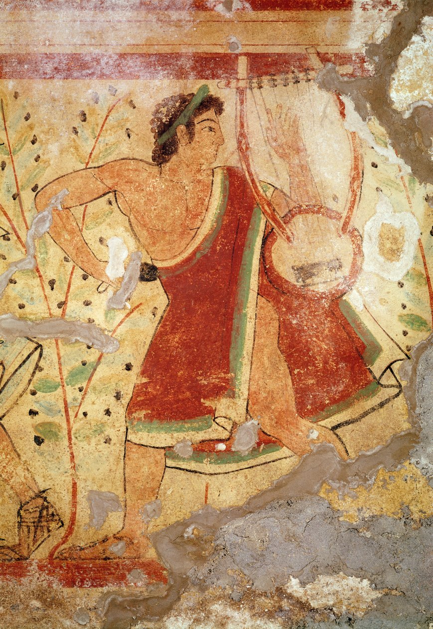 موسيقي يعزف على آلة القانون ، من مقبرة الفهود ، c.490 قبل الميلاد (لوحة جدارية) بواسطة إتروسكان