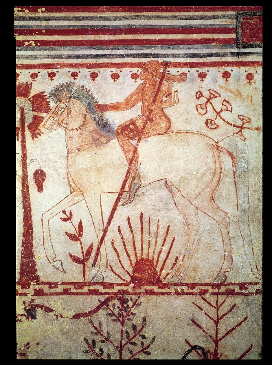 كمين أمير طروادة Troilus بواسطة أخيل ، من قبر الثيران (تومبا ديل توري) c.540 قبل الميلاد (لوحة جدارية) بواسطة إتروسكان