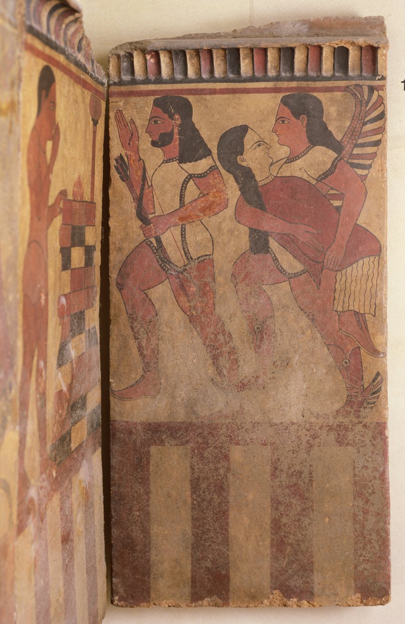 لوحة كامبانا ، جني مجنح يحمل امرأة يرافقها آرتشر ، c.550-525 قبل الميلاد (جدارية) (التفاصيل) بواسطة إتروسكان