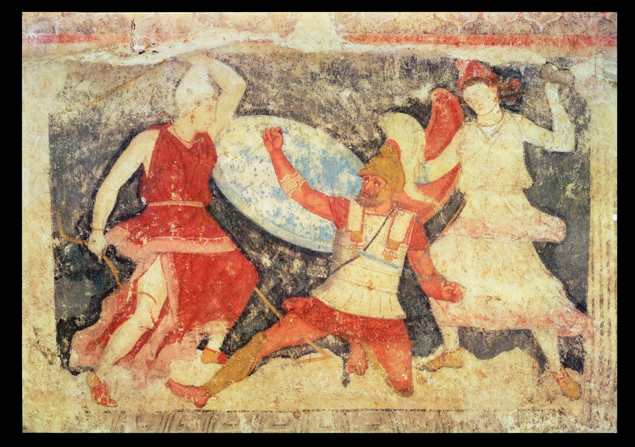 اثنين من الأمازون في قتال مع يوناني ، من Tarquinia ، 370-360 قبل الميلاد (لوحة جدارية) بواسطة إتروسكان