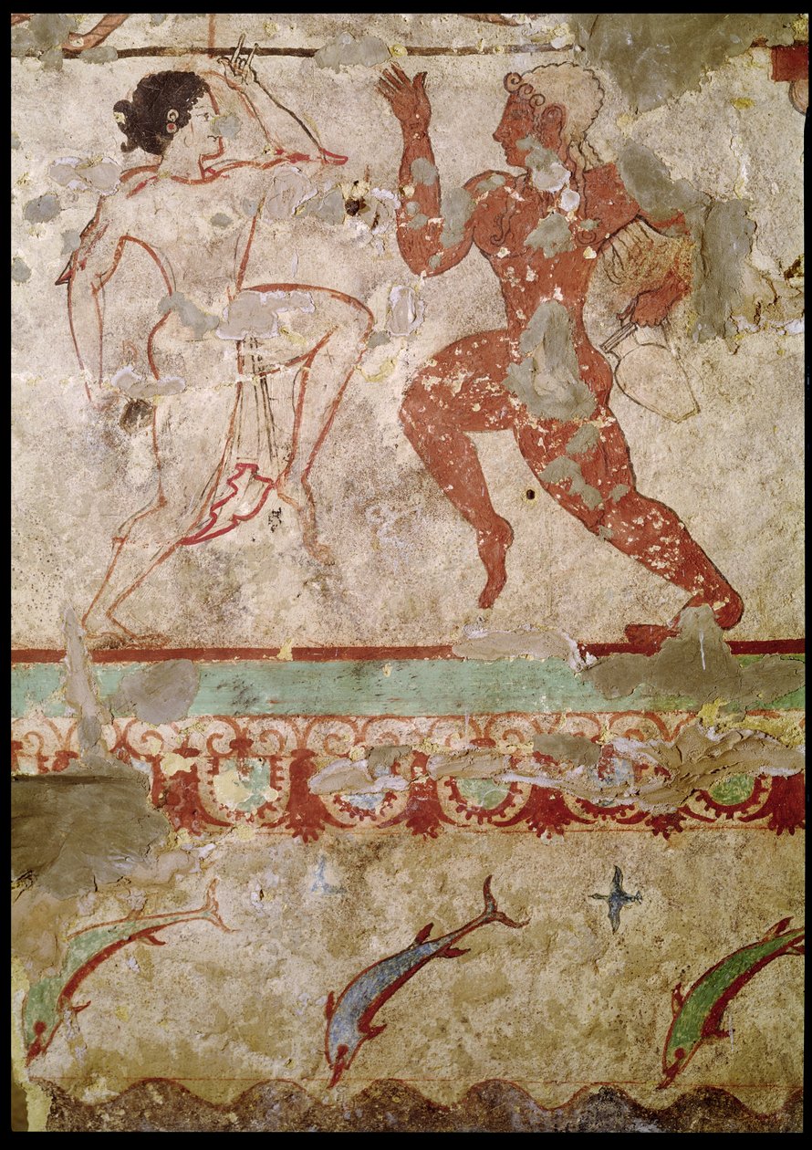 اثنين من الراقصين والدلافين يقفزان عبر الأمواج ، إفريز من قبر اللاهوات في المقبرة ، c.520 قبل الميلاد (لوحة جدارية) بواسطة إتروسكان