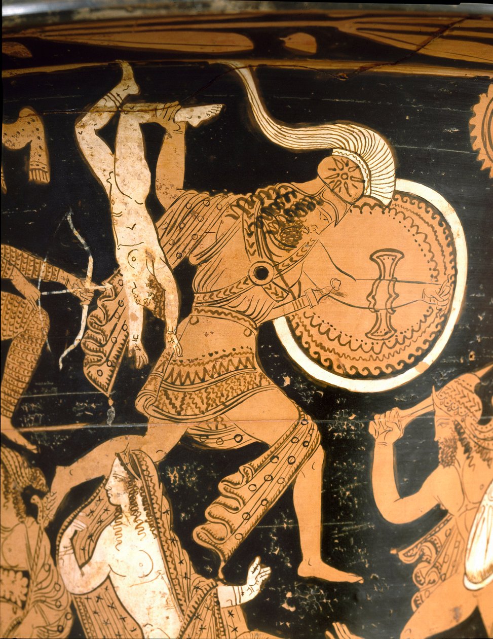 Antiquite etrusque: الحفرة الجرسية التي تمثل تدمير طروادة: التفاصيل تصور Neoptoleme وهو يرمي Astyanax ، ابن هيكتور ، على الجدران. من Falerii Veteres (Civita Castellana). 350-300 ق. روما ، متحف ناسيونالي دي فيلا جوليا بواسطة إتروسكان