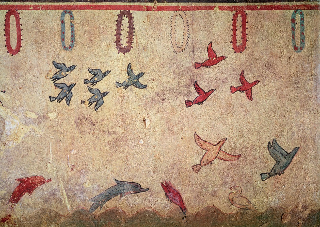 الطيور المائية والدلافين القفز ، من مقبرة الصيد والصيد ، c.520-10 قبل الميلاد (لوحة جدارية) بواسطة إتروسكان