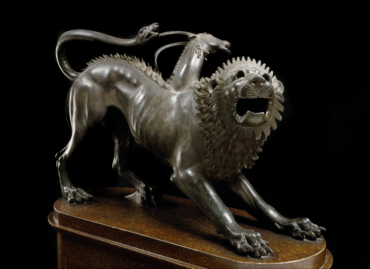 الفن الأتروسكي: Chimere d'Arezzo مباركة من قبل Bellerophon (Chimera ferita بواسطة Bellerofonte) - نحت برونزي ، 400-350 قبل الميلاد - متحف فلورنسا الأثري - وهم أريتسو - منحوتة برونزية إتروسكية (ارتفاع 65 سم) ، 400-350 قبل الميلاد - فلورنسا ، Museo Arche بواسطة إتروسكان