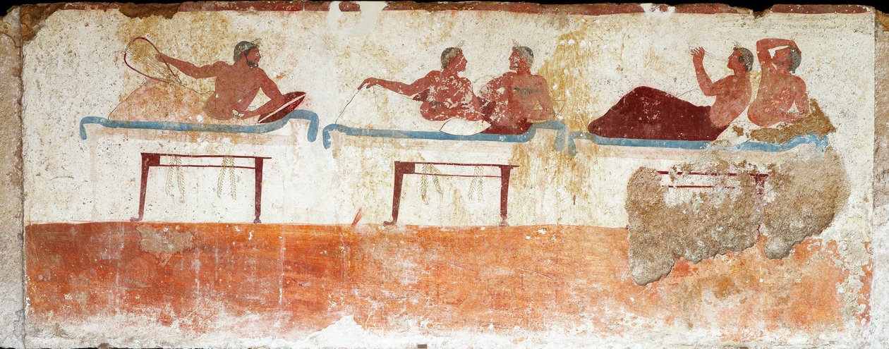 فن إتروسكان: مشهد مأدبة. لوحة جصية لقبر "الغواص". من مقبرة بايستوم الجنوبية. 480-470 ق. Museo Archeologico Nazionale ، بايستوم بواسطة إتروسكان