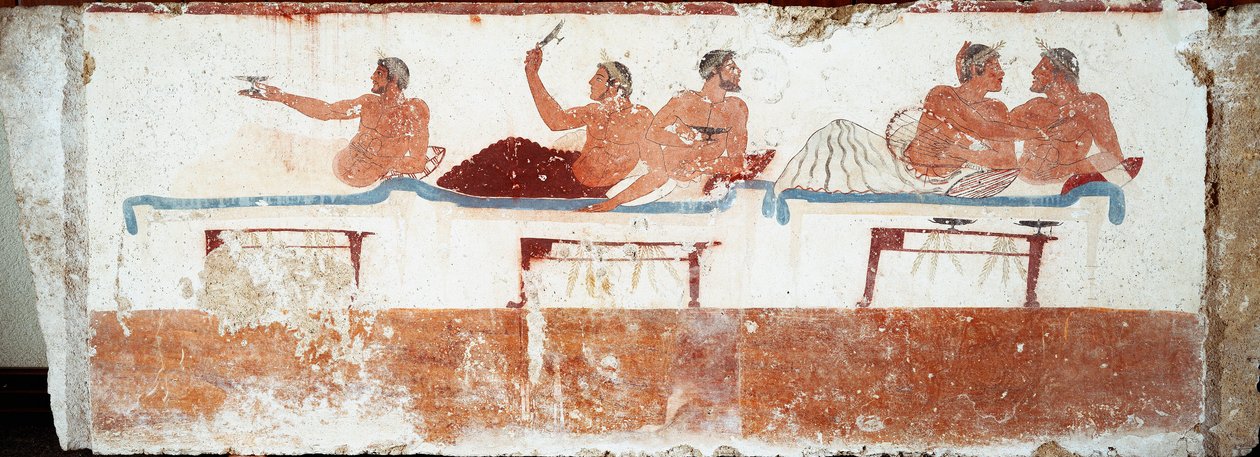 فن إتروسكان: مشهد مأدبة. لوحة جصية لقبر "الغواص". من مقبرة بايستوم الجنوبية. 480-470 ق. Museo Archeologico Nazionale ، بايستوم بواسطة إتروسكان