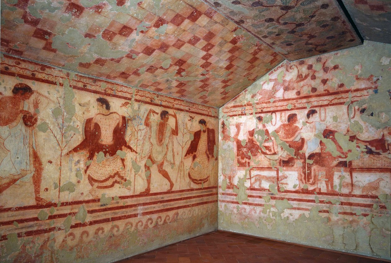 الفن الأتروسكي: اللوحات الجدارية التي تصور مشاهد المأدبة. قبر Triclinium. القرن الخامس قبل الميلاد. المتحف الأثري الوطني في Tarquinia إيطاليا بواسطة إتروسكان