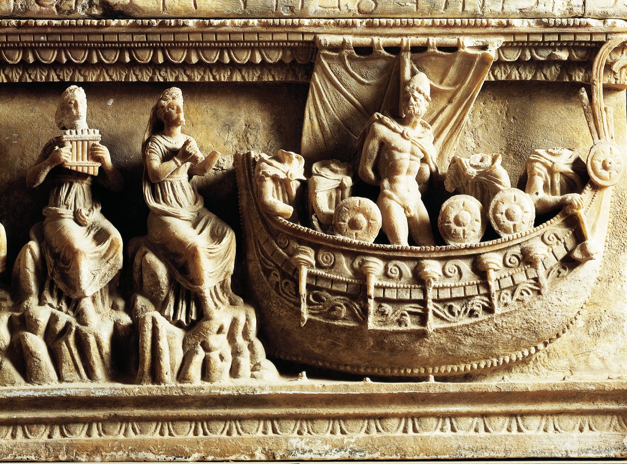 Etruscan civilization, alabaster urn, detail of relief depicting Odysseus and Sirens بواسطة إتروسكان