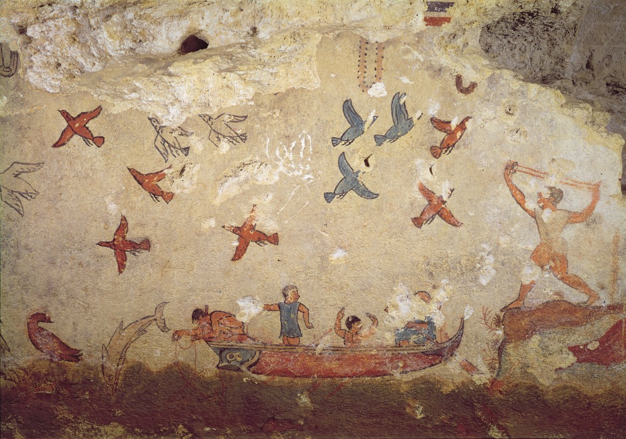 صيادون في قارب وطيور تطير ، من مقبرة الصيد والصيد ، c.520-510 قبل الميلاد (لوحة جدارية) بواسطة إتروسكان