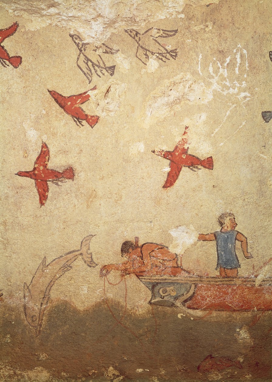 قارب صيد ، من قبر الصيد والصيد ، c.520-10 قبل الميلاد (لوحة جدارية) بواسطة إتروسكان