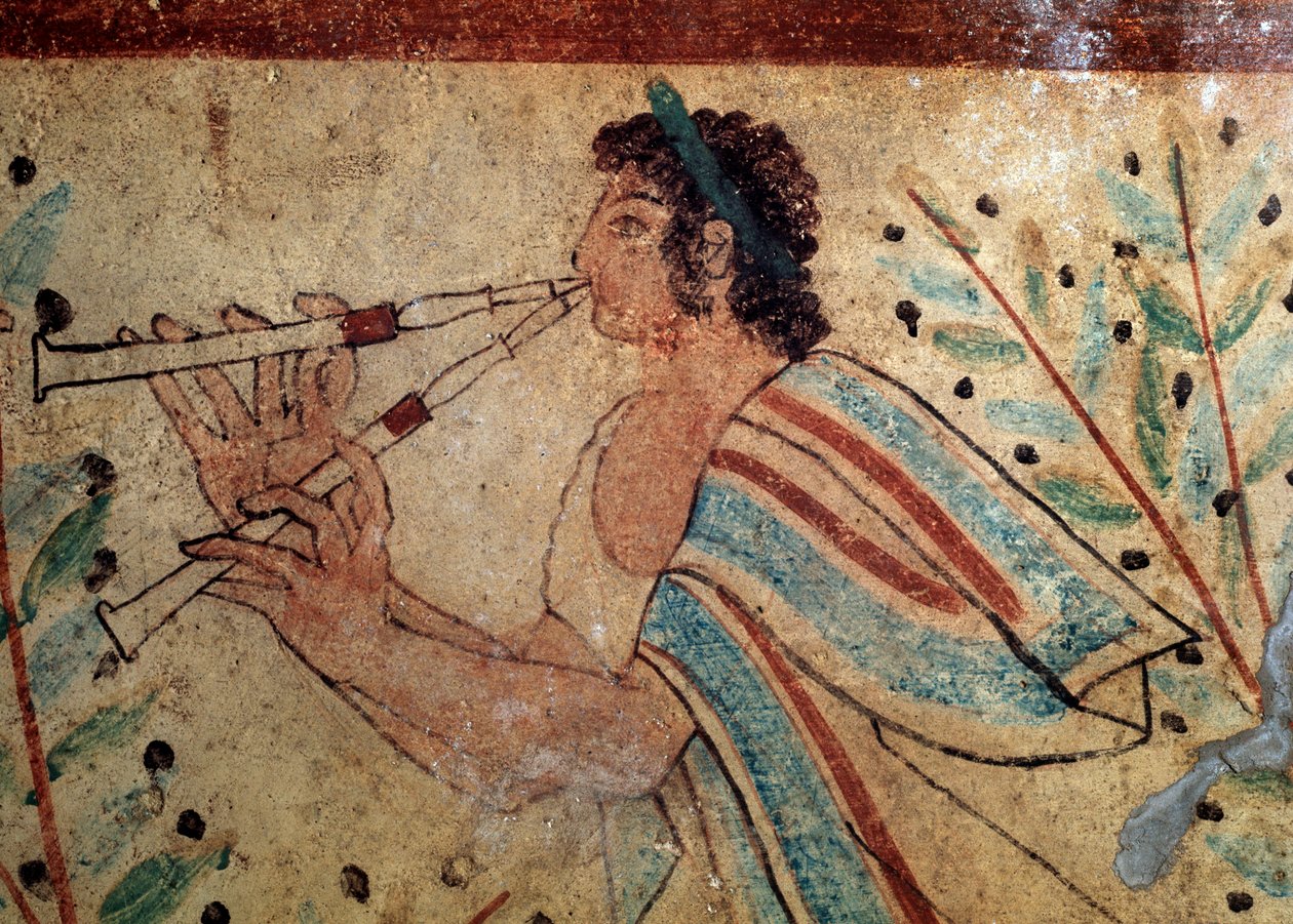 Flutist. Detail of a fresco of the Tomb of the Leopards, 5th century BC بواسطة إتروسكان