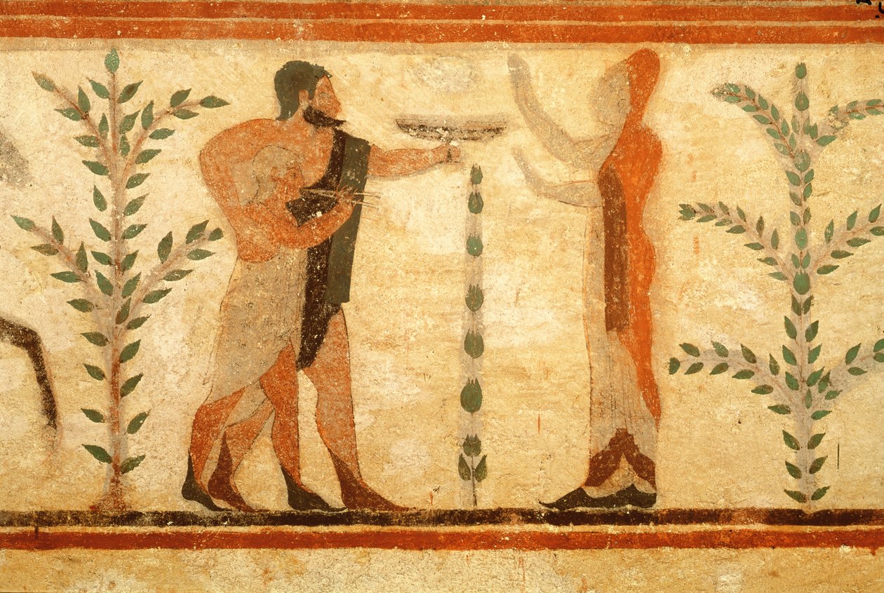 رجل وطفل قبل الموتى هيروازي ، من مقبرة البارون ، c.500 قبل الميلاد (لوحة جدارية) (لمزيد من التفاصيل انظر 407469) بواسطة إتروسكان