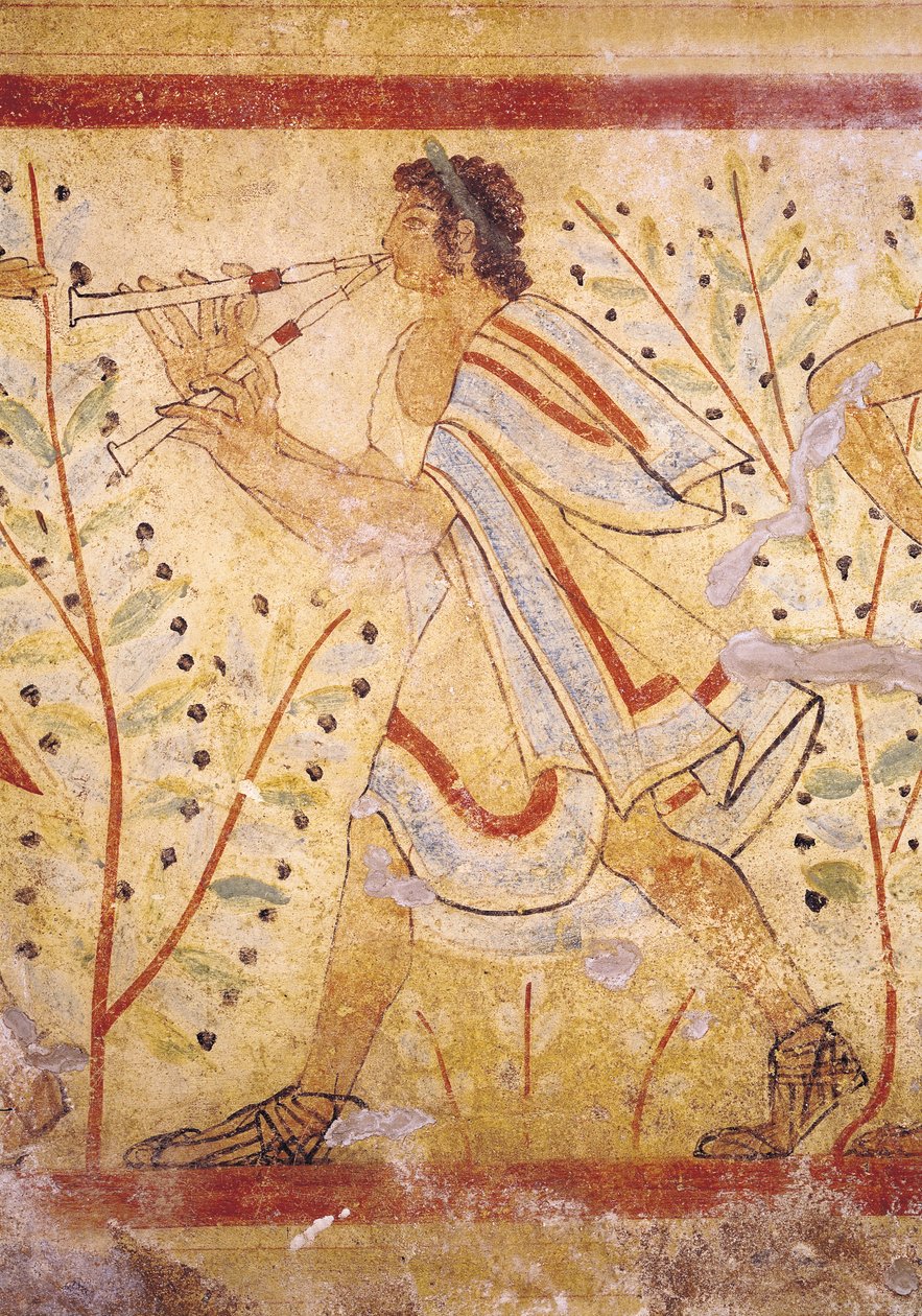 موسيقي يعزف على الأنابيب ، من مقبرة النمر ، c.490 قبل الميلاد تفاصيل لوحة الحائط 76027 بواسطة إتروسكان