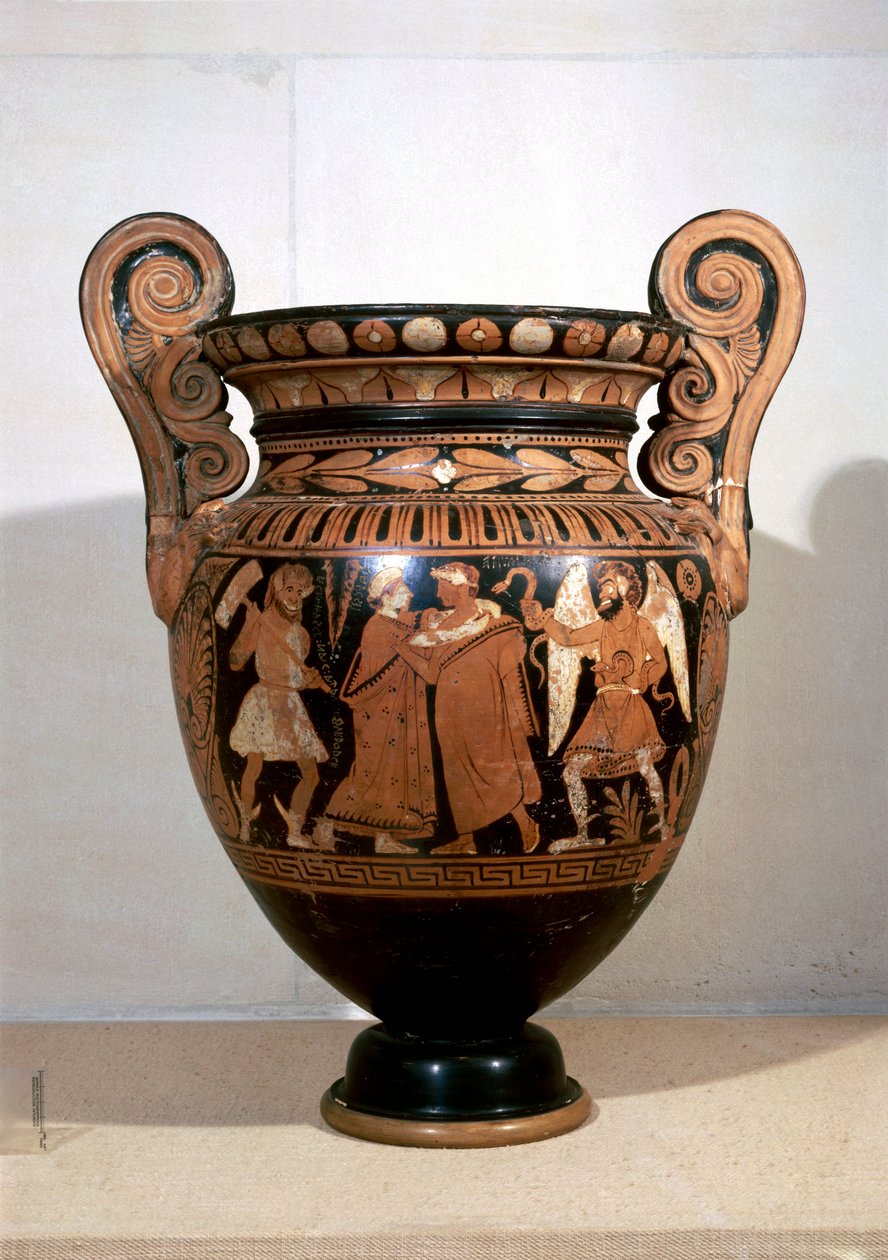 الفخار ذو الشكل الأحمر ، Volute krater الذي يصور Alcestis يحتضن ADmetus ونقش الأسماء ، بواسطة Alcestis Painter بواسطة إتروسكان