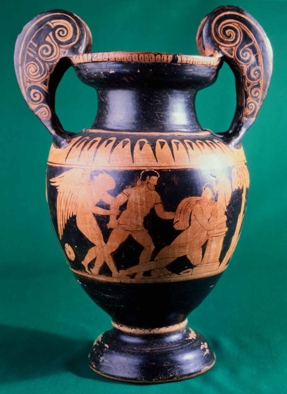 Volute krater لرسام ماينز ، يصور محاربًا وأمازون. فخار أحمر الشكل. الحضارة الأترورية ، القرن الرابع قبل الميلاد. بواسطة إتروسكان