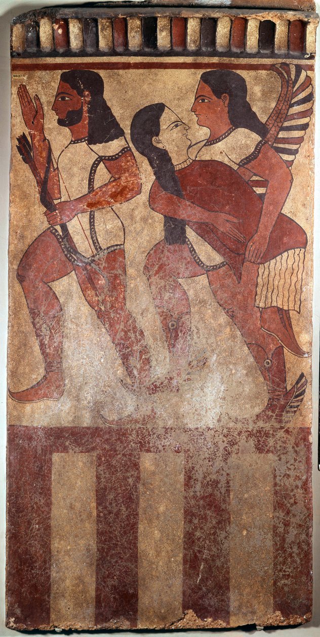 الفن الأتروسكي: لوحة من الطين الملون تسمى Plaque Campana: آرتشر ، جناح جني يحمل شخصية أنثوية (سيرفيتيري (إيطاليا) ، القرن السادس قبل الميلاد). باريس ، متحف اللوفر بواسطة إتروسكان إتروسكان