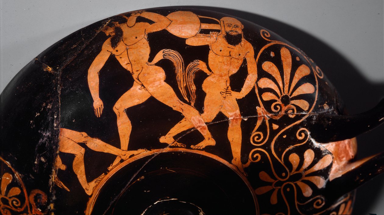 الفن الأتروسكي: يزين Kylix a komos ، موكب طقوس من الساتير (أول مثال على السيراميك الإتروسكاني بأشكال حمراء باستخدام خطوط الإغاثة). 380 ق. من فولسي (؟) باريس ، متحف رودين بواسطة إتروسكان إتروسكان